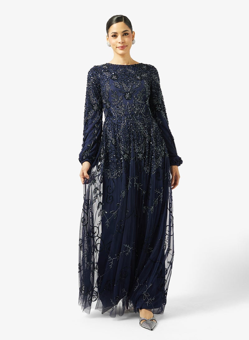 MARYISA Crew Neck Mesh Detailed Maxi Dress - Image 1